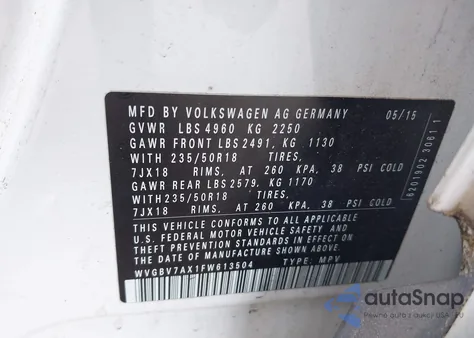 2015 Volkswagen Tiguan Se из США, поврежденный, VIN WVGBV7AX1FW613504